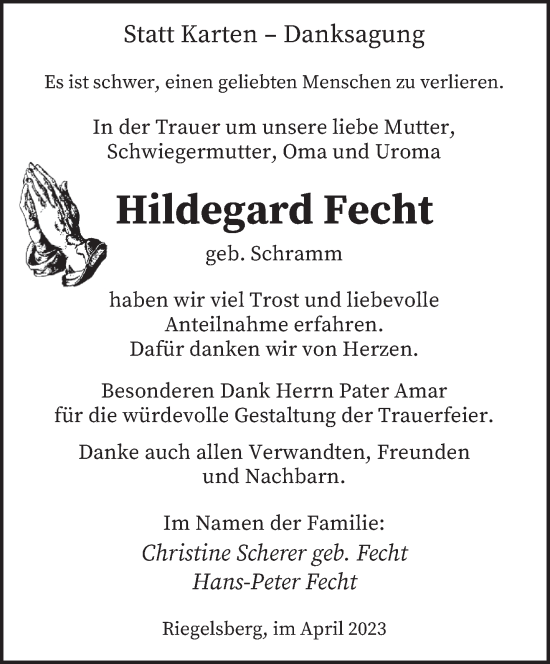 Todesanzeige von Hildegard Fecht von saarbruecker_zeitung