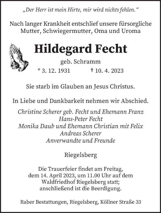 Todesanzeige von Hildegard Fecht von saarbruecker_zeitung