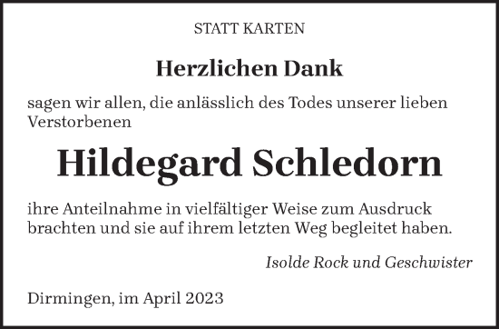 Todesanzeige von Hildegard Schledorn von saarbruecker_zeitung