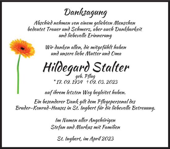 Todesanzeige von Hildegard Stalter von saarbruecker_zeitung