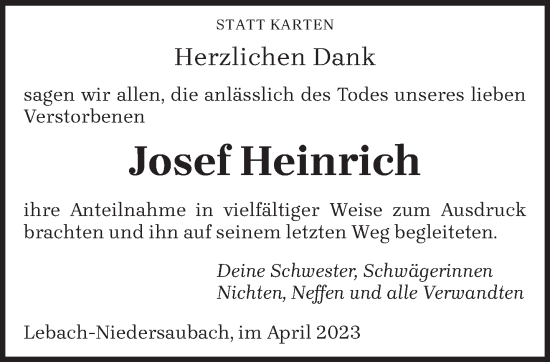 Todesanzeige von Josef Heinrich von saarbruecker_zeitung
