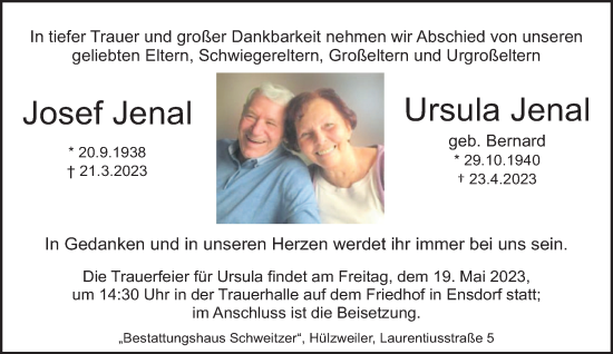Todesanzeige von Josef und Ursula Jenal von saarbruecker_zeitung