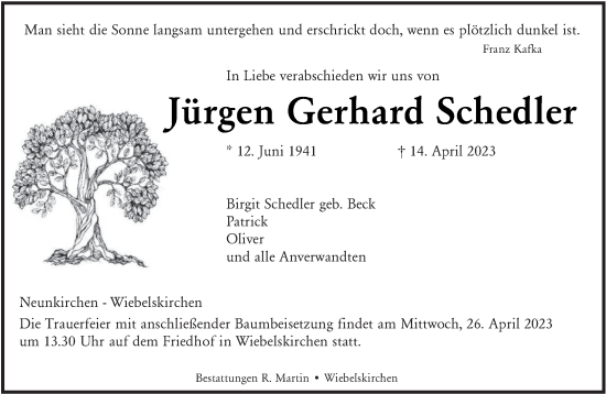 Todesanzeige von Jürgen Gerhard Schedler von saarbruecker_zeitung