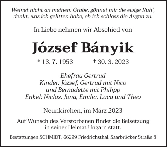 Todesanzeige von József Bányik von saarbruecker_zeitung
