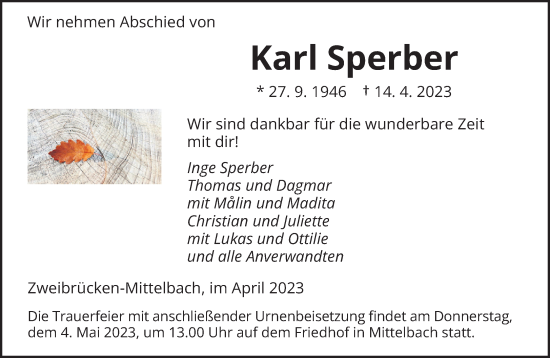 Todesanzeige von Karl Sperber von saarbruecker_zeitung