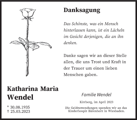 Todesanzeige von Katharina Maria Wendel von saarbruecker_zeitung