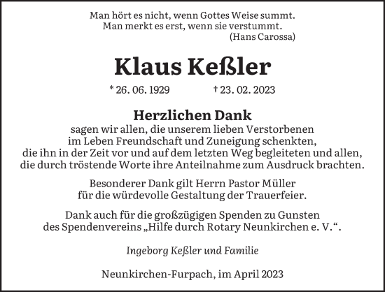 Todesanzeige von Klaus Keßler von saarbruecker_zeitung