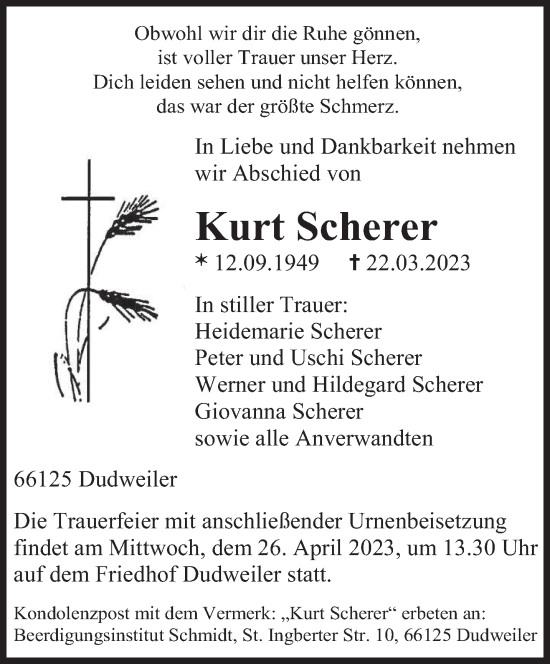 Todesanzeige von Kurt Scherer von saarbruecker_zeitung