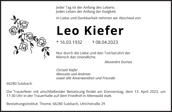 Todesanzeige von Leo Kiefer von saarbruecker_zeitung