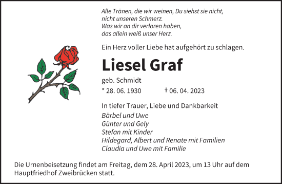 Todesanzeige von Liesel Graf von saarbruecker_zeitung