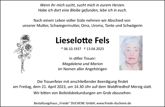 Todesanzeige von Lieselotte Fels von saarbruecker_zeitung