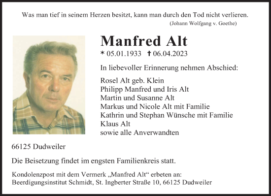 Todesanzeige von Manfred Alt von saarbruecker_zeitung