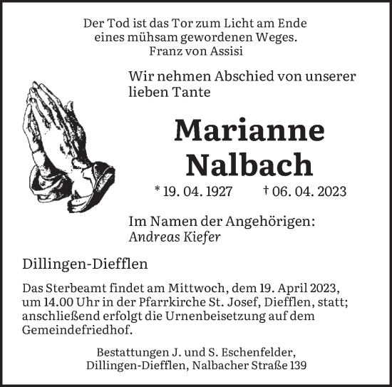 Todesanzeige von Marianne Nalbach von saarbruecker_zeitung