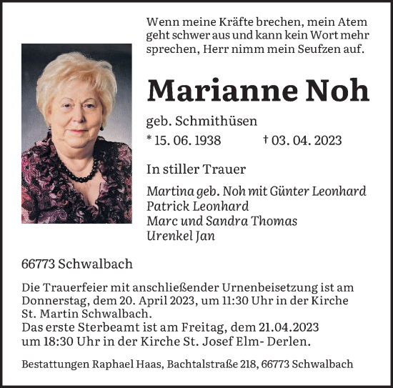 Todesanzeige von Marianne Noh von saarbruecker_zeitung