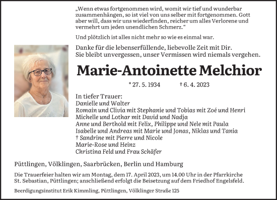 Todesanzeige von Marie-Antoinette Melchior von saarbruecker_zeitung