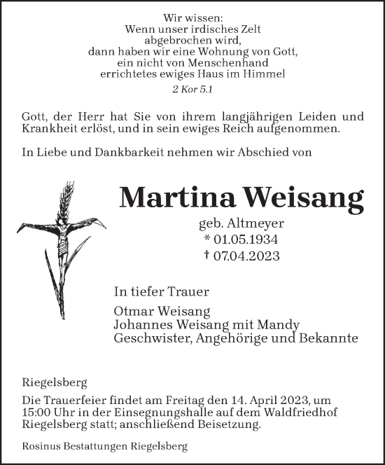 Todesanzeige von Martina Weisang von saarbruecker_zeitung