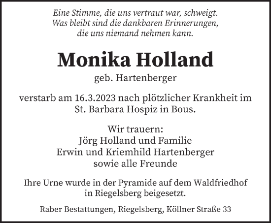 Todesanzeige von Monika Holland von saarbruecker_zeitung