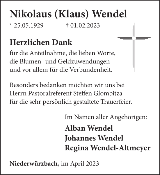 Todesanzeige von Nikolaus Wendel von saarbruecker_zeitung