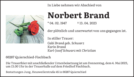 Todesanzeige von Norbert Brand von saarbruecker_zeitung