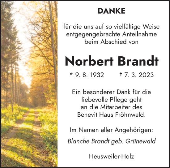 Todesanzeige von Norbert Brandt von saarbruecker_zeitung