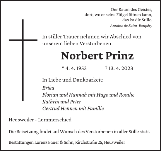 Todesanzeige von Norbert Prinz von saarbruecker_zeitung