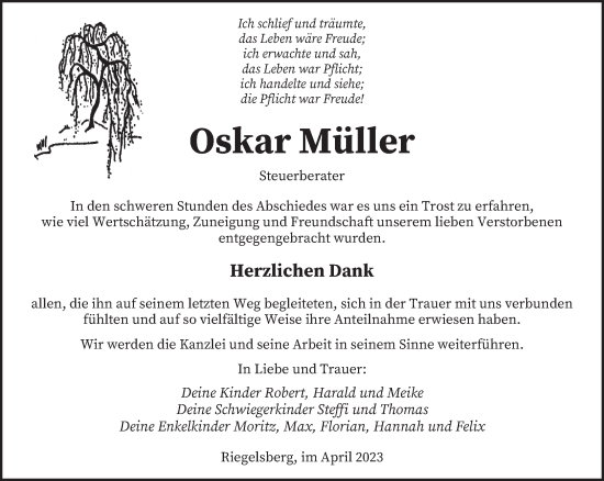 Todesanzeige von Oskar Müller von saarbruecker_zeitung