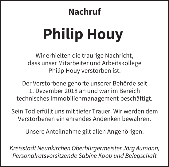 Todesanzeige von Philip Houy von saarbruecker_zeitung
