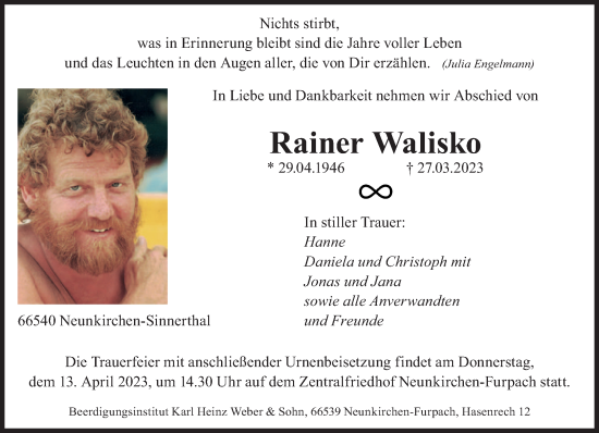 Todesanzeige von Rainer Walisko von saarbruecker_zeitung