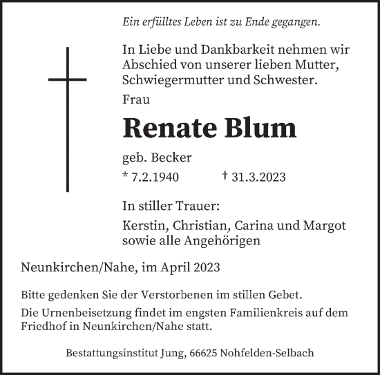 Todesanzeige von Renate Blum von saarbruecker_zeitung