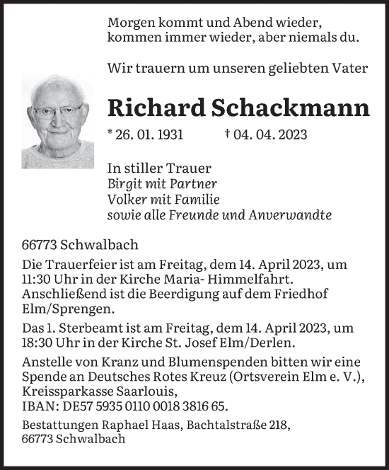 Todesanzeige von Richard Schackmann von saarbruecker_zeitung