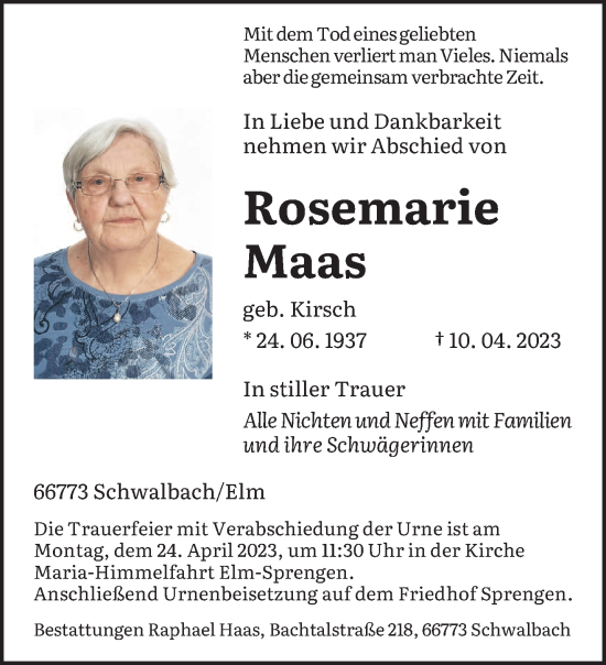 Todesanzeige von Rosemarie Maas von saarbruecker_zeitung