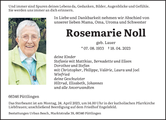 Todesanzeige von Rosemarie Noll von saarbruecker_zeitung