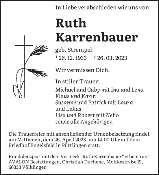 Todesanzeige von Ruth Karrenbauer von saarbruecker_zeitung
