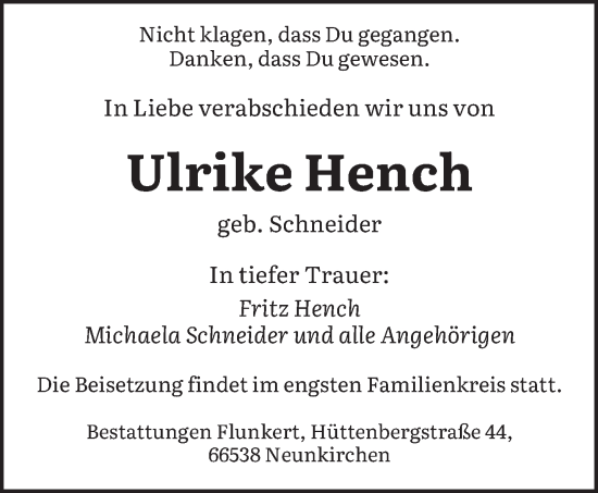 Todesanzeige von Ulrike Hench von saarbruecker_zeitung
