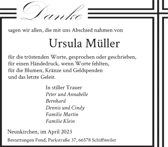 Todesanzeige von Ursula Müller von saarbruecker_zeitung