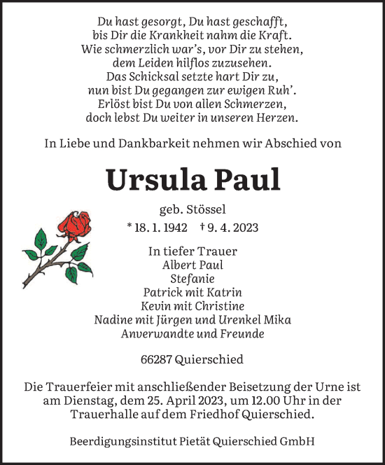 Todesanzeige von Ursula Paul von saarbruecker_zeitung