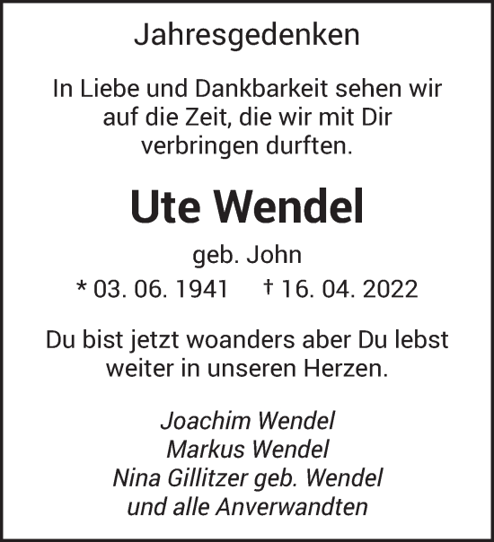 Todesanzeige von Ute Wendel von saarbruecker_zeitung