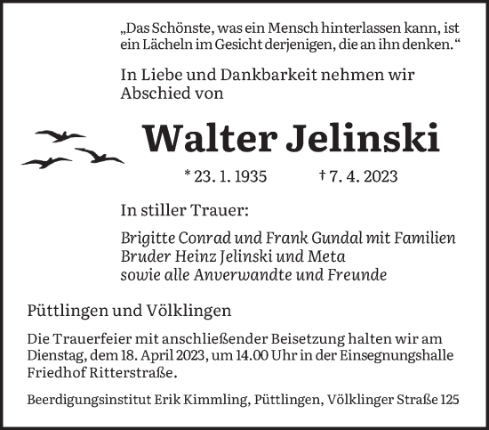 Todesanzeige von Walter Jelinski von saarbruecker_zeitung