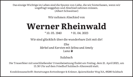 Todesanzeige von Werner Rheinwald von saarbruecker_zeitung