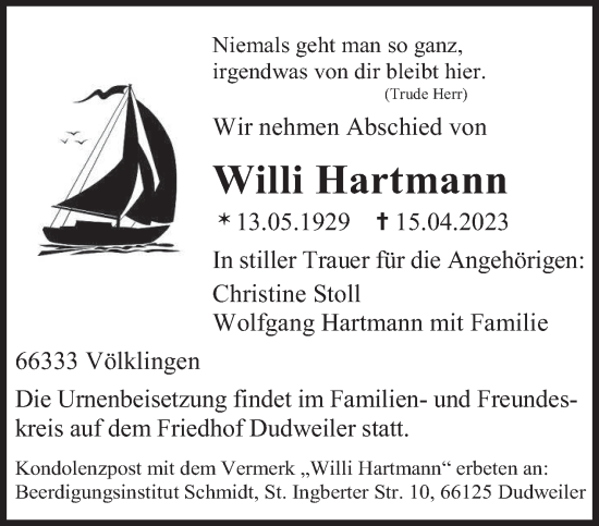 Todesanzeige von Willi Hartmann von saarbruecker_zeitung