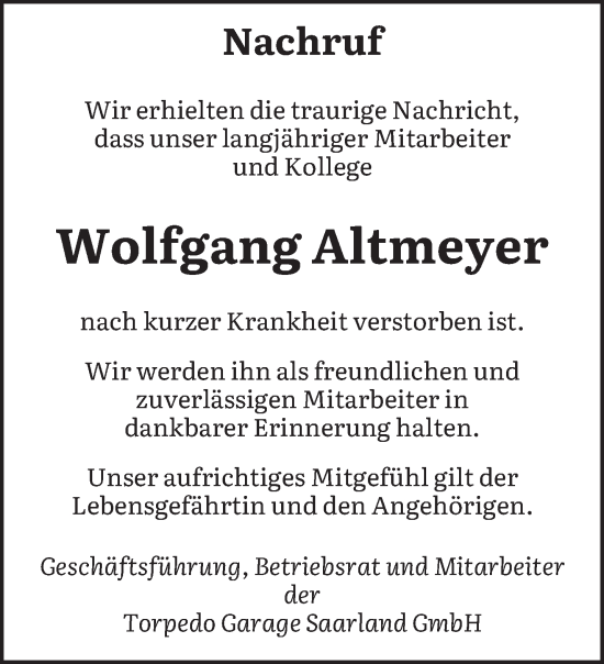 Todesanzeige von Wolfgang Altmeyer von saarbruecker_zeitung