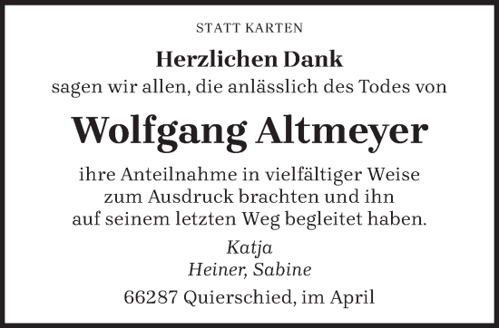 Todesanzeige von Wolfgang Altmeyer von saarbruecker_zeitung
