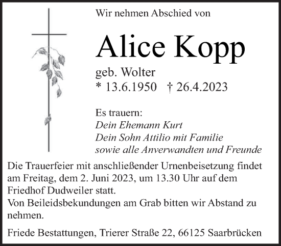 Todesanzeige von Alice Kopp von saarbruecker_zeitung