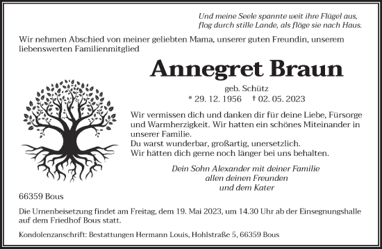 Todesanzeige von Annegret Braun von saarbruecker_zeitung