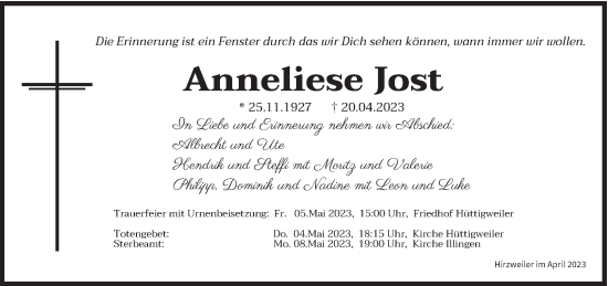 Todesanzeige von Anneliese Jost von saarbruecker_zeitung