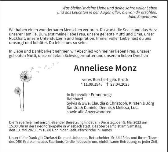 Todesanzeige von Anneliese Monz von saarbruecker_zeitung