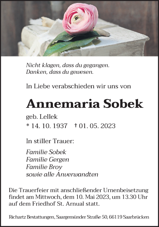 Todesanzeige von Annemaria Sobek von saarbruecker_zeitung