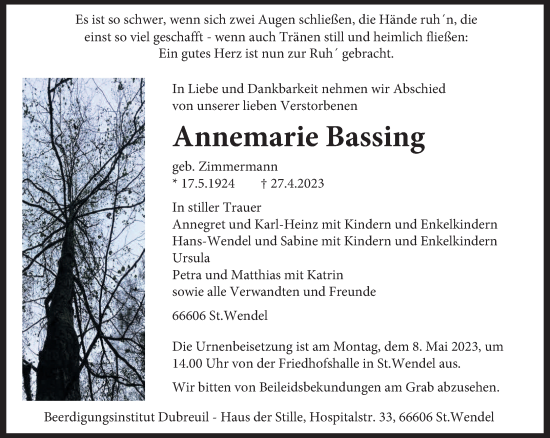 Todesanzeige von Annemarie Bassing von saarbruecker_zeitung