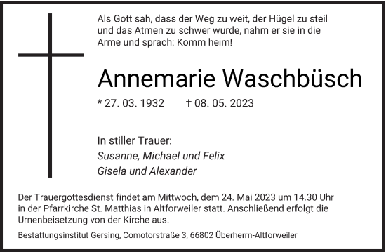 Todesanzeige von Annemarie Waschbüsch von saarbruecker_zeitung