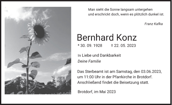 Todesanzeige von Bernhard Konz von saarbruecker_zeitung